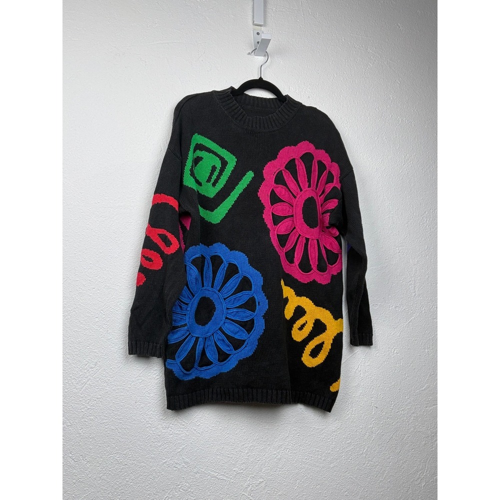 Coofandy Black Sweater - M - Abstract Floral Geometric Knit Retro Boho #90s